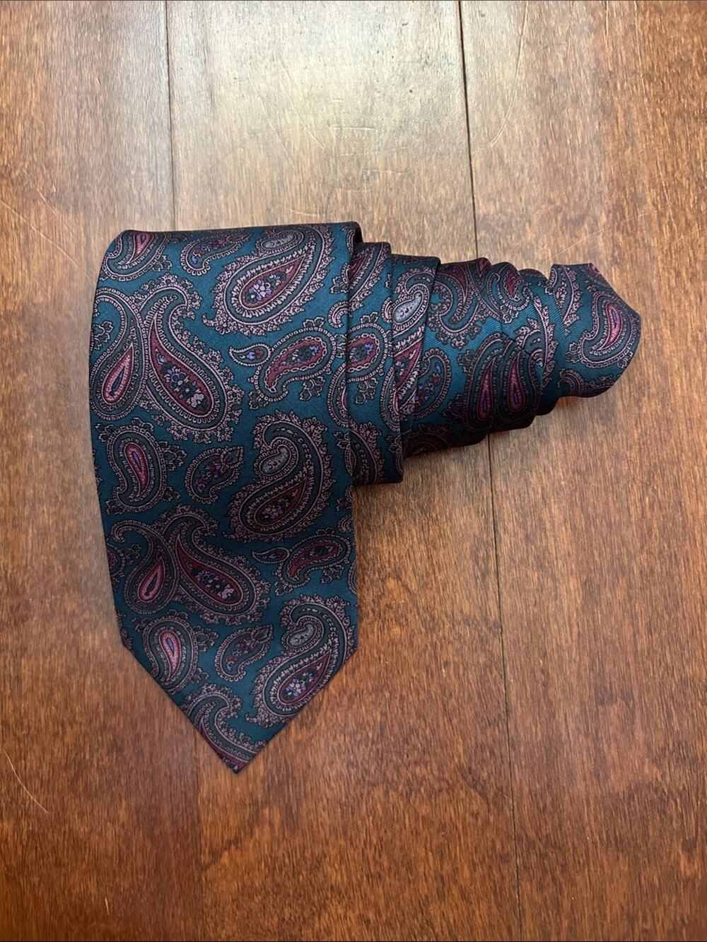 Vintage Ferrell Reed for Nordstrom 100% Silk Dark Teal and Burgundy Paisley Tie